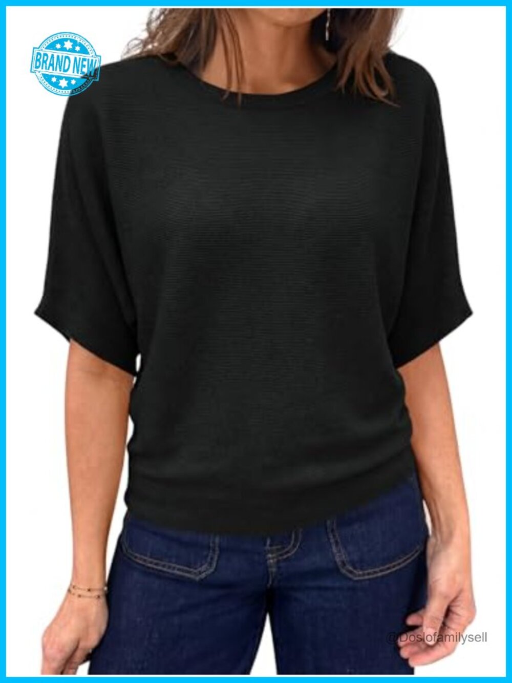 Womens Short Sleeve Sweater Boat Neck Batwing Knit Top Loose Fit